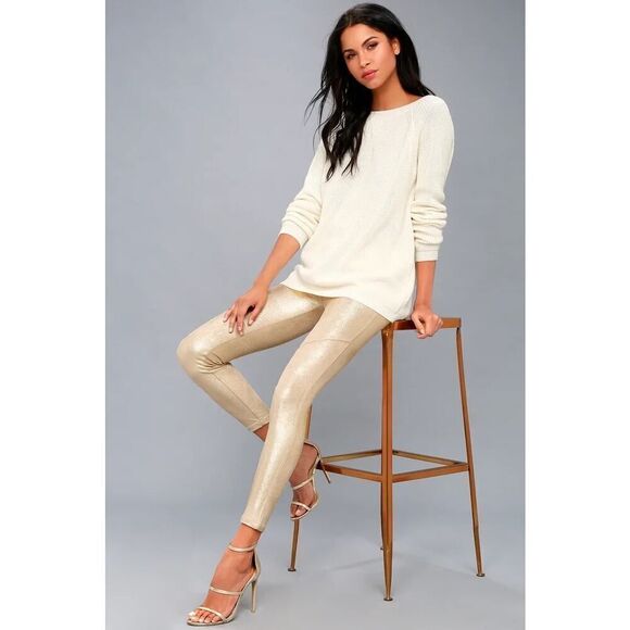 Free People NWT Metallic Gold Back Faux Pockets Vegan Suede Leggings MSRP $78 - Picture 3 of 6